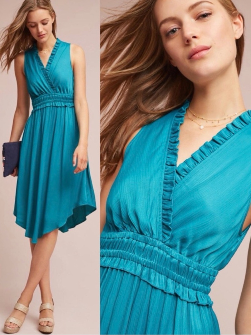 MAEVE La Habana Asymmetrical Hem Sleeveless  V-Neck Turquoise Dress Size Small